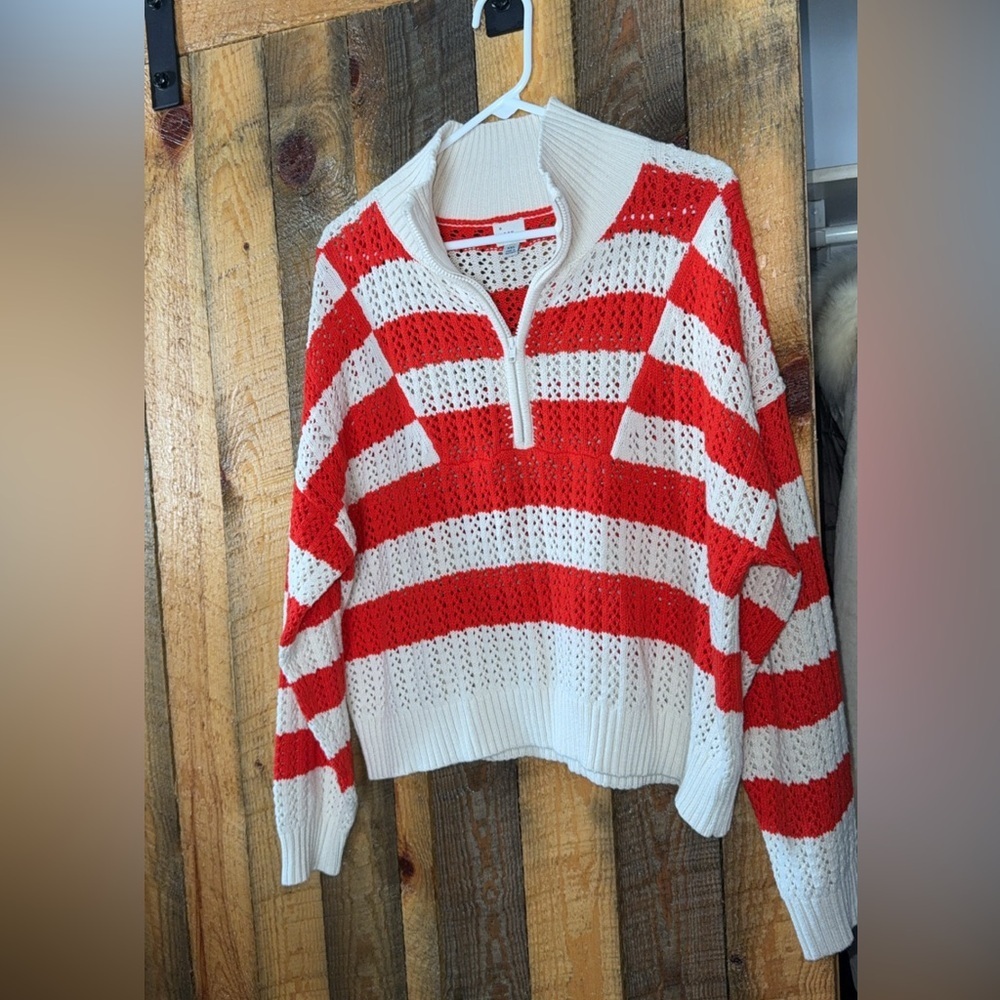 a new day Red and White Striped Cowl Sweater